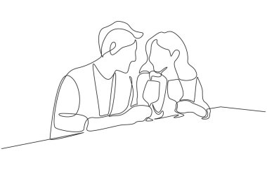 Birlikteyken şarap içen romantik bir çiftin kesintisiz çizimleri..