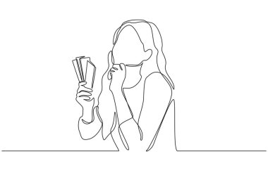 Devamlı bir çizim genç bir kadının banknotları tutarken düşünceli bir şekilde, seçenekleri, planları ve beklentileri temsil ederken,.