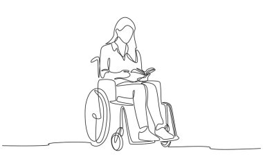Tekerlekli sandalyede kitap okuyan genç bir kadının sürekli çizimleri, bağımsızlık ve öğrenme konsepti, tek satır sanat..