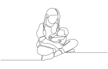 Devamlı bir çizim, kız kardeşinin kucağında oturuyor, kardeşini kucaklıyor, kardeş bağı kavramı, tek çizgi sanat..