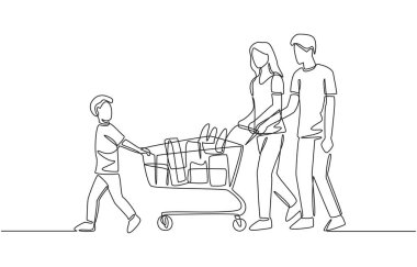 Sürekli bir sıra aile çizimi, alışveriş arabası dolusu yiyecek, tek sıra sanat..