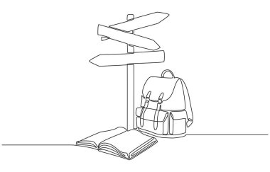 Sürekli açık ders kitabı, okul çantası ve yol gösterge tabelaları çizimi eğitim seçeneklerini sembolize ediyor..