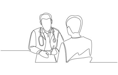 Ayakta tedavi için reçete yazan doktorların kesintisiz çizimleri, tıbbi servis kavramı, tek satır sanat..