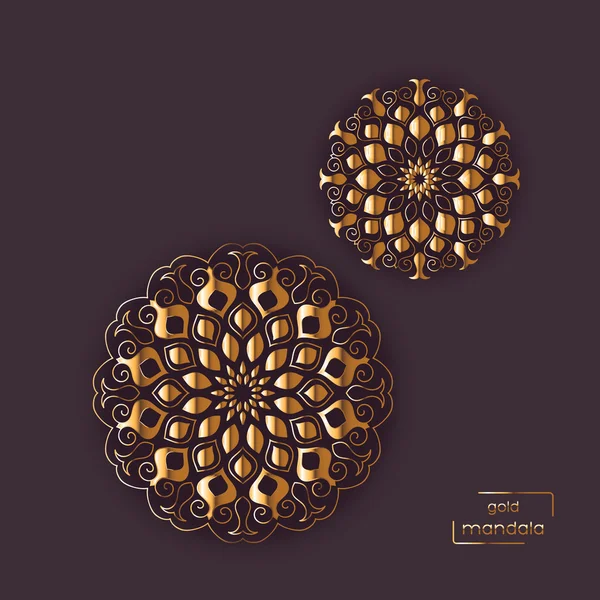 Tarjeta de oro ornamental con dos mandalas orientales de flores sobre fondo de color ciruela. Patrón étnico vintage. indias, asiáticas, árabes, islámicas, otomanas . — Vector de stock