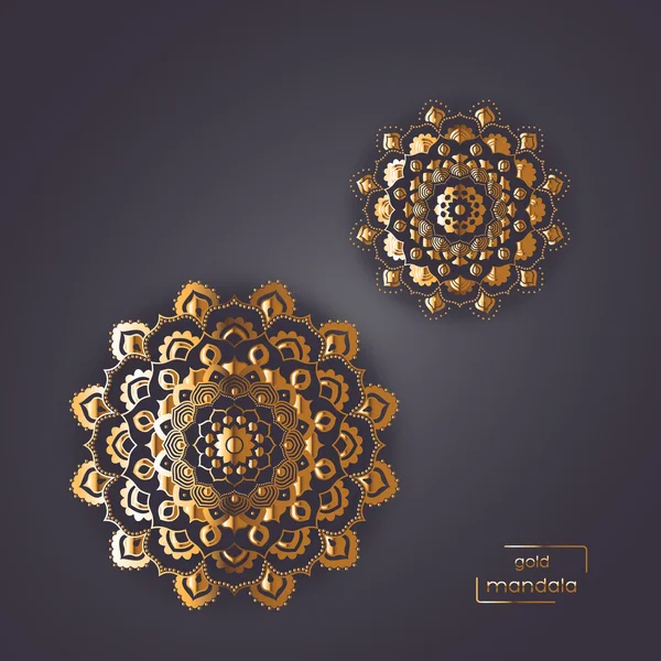 Tarjeta de oro ornamental con dos mandalas orientales de flores — Vector de stock