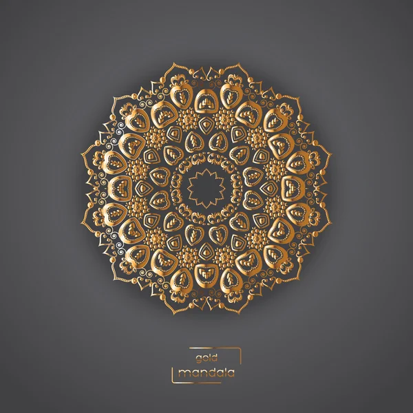 Kartu emas hias dengan bunga mandala oriental pada latar belakang abu-abu . - Stok Vektor