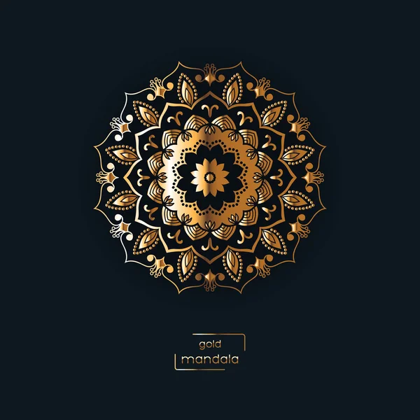 Kartu emas hias dengan bunga mandala oriental pada latar belakang gelap. Pola etnik kuno. India, Asia, arab, islamik, motif ottoman. Ilustrasi vektor . - Stok Vektor