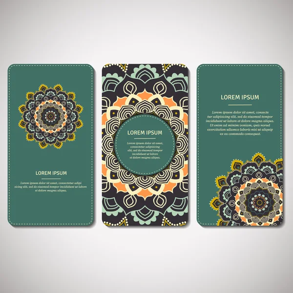 Set of ornamental cards, flyers with flower mandala in turquoise, dark blue, orange  colors. Vintage decorative elements. Indian, asian, arabic, islamic, ottoman motif. Vector illustration. — Stock Vector