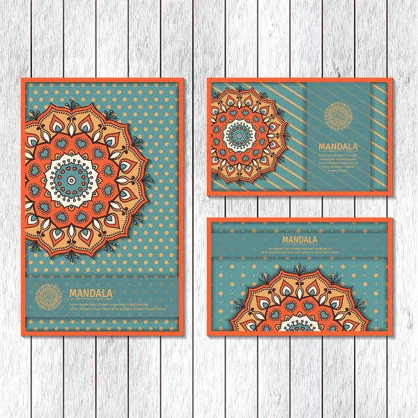 Set of ornamental cards, flyer with colorful flower mandala. — Stock Vector
