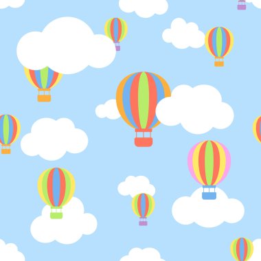 Bulutlar ve farklı renkler ile Seamless Modeli karikatür gökyüzünde uçan aerostats.