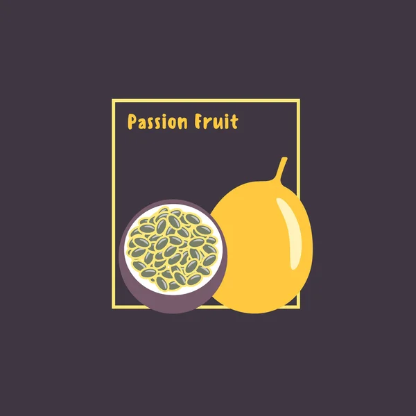 Σχεδίου εξωτικά τροπικά φρούτα του πάθους (μαρακούγια) με φέτα σε σκούρο φόντο. — Διανυσματικό Αρχείο