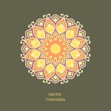 Koyu renk arka plan üzerinde süs renkli çiçek mandala. Oryantal tarzda şık geometrik desen. Hindistan, Asya, Arap, İslam, Osmanlı, Fas motifi. Vektör çizim.
