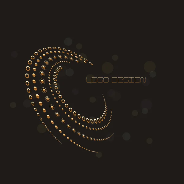 Abstrakta cirkulär halvton prickar form i guld, svart färg bakgrunden. Logotypdesign. Vektor illustration. — Stock vektor