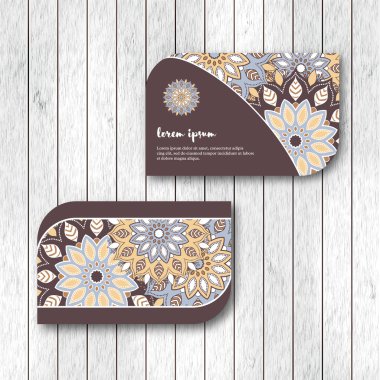 Ziyaret şablon, Erik, mavi renk iki süs çiçek mandala kart dizisini. Vintage dekoratif öğeler. Hindistan, Asya, Arap, İslam, Osmanlı motif. Vektör çizim.