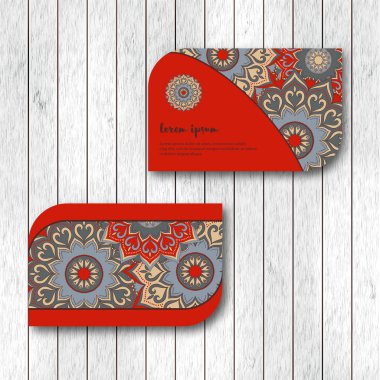 Şablon, kırmızı renk ziyaret iki süs çiçek mandala kart dizisini. Vintage dekoratif öğeler. Hindistan, Asya, Arap, İslam, Osmanlı motif. Vektör çizim.