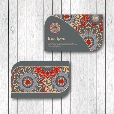 Şablon, gri renk ziyaret iki süs çiçek mandala kart dizisini. Vintage dekoratif öğeler. Hindistan, Asya, Arap, İslam, Osmanlı motif. Vektör çizim.