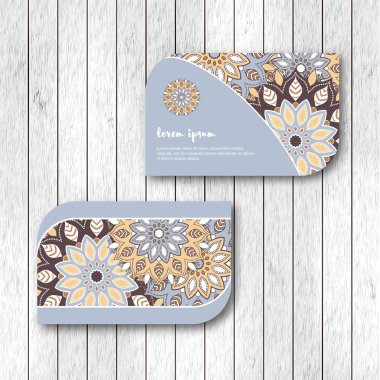 Şablon, mavi renk ziyaret iki süs çiçek mandala kart dizisini. Vintage dekoratif öğeler. Hindistan, Asya, Arap, İslam, Osmanlı motif. Vektör çizim.