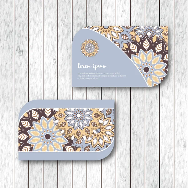 Şablon, mavi renk ziyaret iki süs çiçek mandala kart dizisini. Vintage dekoratif öğeler. Hindistan, Asya, Arap, İslam, Osmanlı motif. Vektör çizim.