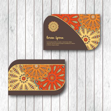 Şablon, kırmızı renk ziyaret iki süs çiçek mandala kart dizisini. Vintage dekoratif öğeler. Hindistan, Asya, Arap, İslam, Osmanlı motif. Vektör çizim.