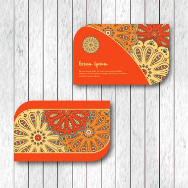 Şablon, kırmızı, bej renk ziyaret iki süs çiçek mandala kart dizisini. Vintage dekoratif öğeler. Hindistan, Asya, Arap, İslam, Osmanlı motif. Vektör çizim.