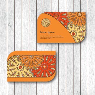 Şablon, portakal, bej, kırmızı renk ziyaret iki süs çiçek mandala kart dizisini. Vintage dekoratif öğeler. Hindistan, Asya, Arap, İslam, Osmanlı motif. Vektör çizim.