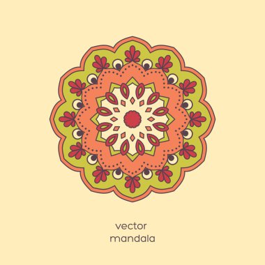 Süs renkli çiçek mandala. Oryantal tarzda şık geometrik desen. Hindistan, Asya, Arap, İslam, Osmanlı, Fas motifi. Vektör çizim.