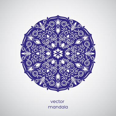 Süs elle çizilmiş çiçek oryantal mandala, mavi ve beyaz renkler. Etnik vintage desen. Hindistan, Asya, Arap, İslam, Osmanlı motif. Vektör çizim.