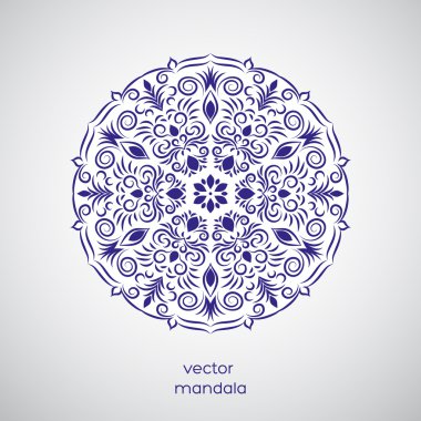 Süs elle çizilmiş çiçek oryantal mandala, beyaz ve mavi renkleri. Etnik vintage desen. Hindistan, Asya, Arap, İslam, Osmanlı motif. Vektör çizim.