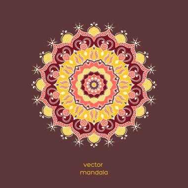 Süs renkli çiçek mandala, el oryantal tarzda çizilmiş geometrik desen. Vinous, sarı, kırmızı renkler. Hindistan, Asya, Arap, İslam, Osmanlı, Fas motifi. Vektör çizim.