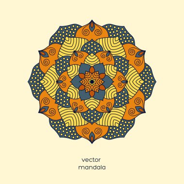 Süs renkli çiçek mandala, el oryantal tarzda çizilmiş geometrik desen. Mavi, sarı, turuncu renkler. Hindistan, Asya, Arap, İslam, Osmanlı, Fas motifi. Vektör çizim.