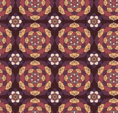 Dikişsiz el çizilmiş mandala desen. Vintage dekoratif unsurlar. Menekşe, bej renk tonu arka plan. İslam, Arapça, Hint, Türk, Osmanlı motifleri. Kumaş veya kağıda baskı için mükemmeldir. Vektör