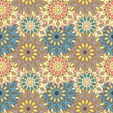 Dikişsiz el çizilmiş mandala desen. Vintage dekoratif unsurlar. Mavi, mor, bej renk tonu arka plan. İslam, Arapça, Hint, Türk, Osmanlı motifleri. Kumaş veya kağıda baskı için mükemmeldir. Vektör