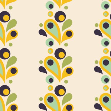 Damla, yuvarlak şekiller ile soyut renkli dikişsiz desen. Düz tasarım. Baskı, web için dekoratif illüstrasyon. Vektör çizimi.