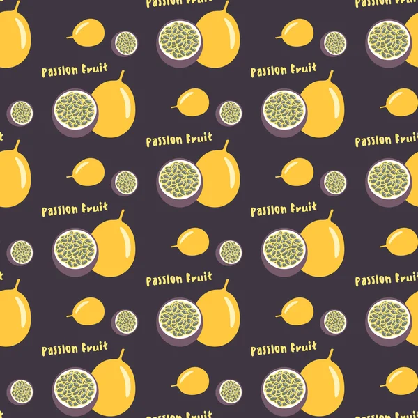 Φρούτα του πάθους ή maracuya απρόσκοπτη επαναλαμβανόμενο μοτίβο, επίπεδη σχεδίαση. Εξωτικά τροπικά φρούτα. Για εκτύπωση σε ύφασμα ή χαρτί. Απεικόνιση διανυσματικών φορέων. — Διανυσματικό Αρχείο