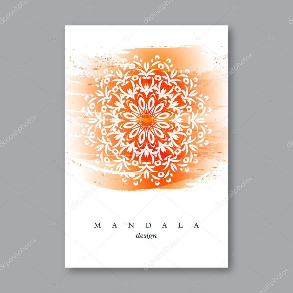 Invitation, wedding card template with hand drawn mandala, watercolor background. Vintage decorative element in oriental style. Indian, asian, arabic, islamic, ottoman motif. Vector illustration.