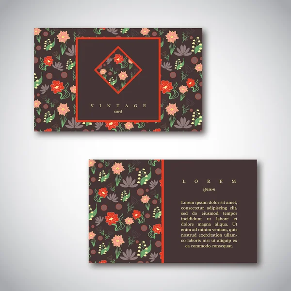 Conjunto de tarjetas de visita con patrón floral. Plantillas de tarjetas vintage. Colores brillantes flores de primavera sobre fondo oscuro. Ilustración vectorial . — Vector de stock