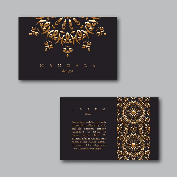 Σετ χρυσά διακοσμητικά επαγγελματικές κάρτες με μάνταλα και φαντασία, επίσκεψη πρότυπο κάρτες. Vintage διακοσμητικά στοιχεία. Ινδική, Ασιατική, Αραβική, ισλαμική, οθωμανική μοτίβο. Εικονογράφηση διάνυσμα. — Διανυσματικό Αρχείο