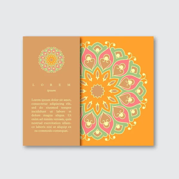 Plantilla para tarjeta de folleto con mandala colorido dibujado a mano. Estilo oriental vintage. Motivo indio, asiático, árabe, islámico, otomano. Ilustración vectorial . — Vector de stock