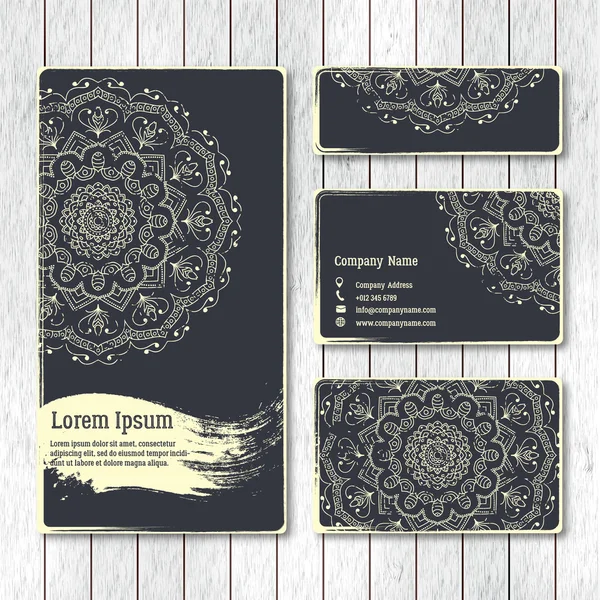 Conjunto de plantillas de negocios, visitas, tarjetas de felicitación, folleto con mandala dibujado a mano. Estilo oriental vintage con efecto grunge. Motivo indio, asiático, árabe, islámico, otomano. Ilustración vectorial . — Vector de stock