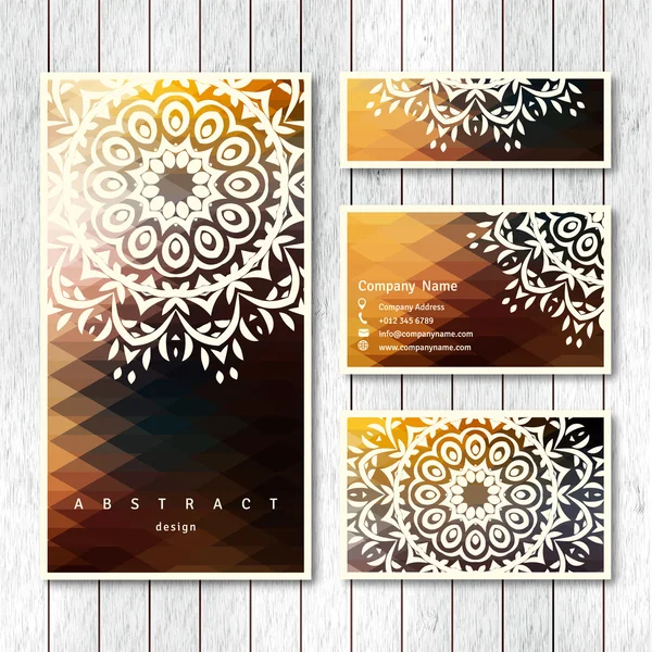 Set of templates business, visiting, greeting cards, brochure  with hand drawn mandala. Vintage oriental style with stylized triangle background. Indian, asian, arabic, islamic, ottoman motif. Vector. — Stock Vector