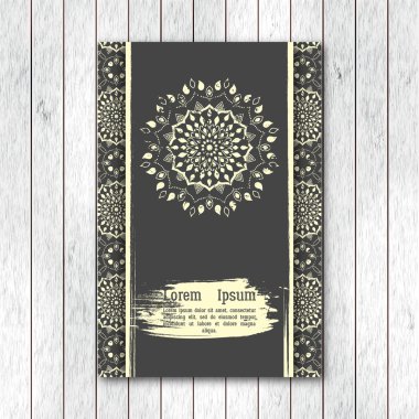 Tebrik şablonu, davetiye kartı, el ile çizilmiş mandala broşür. Grunge etkisi ile Vintage oryantal tarzı. Hint, Asya, Arapça, İslam, Osmanlı motifi. Vektör çizimi. 