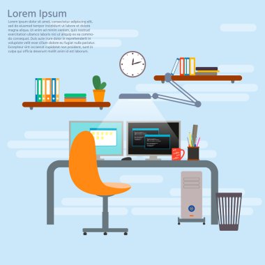 Programcı çalışma yeri için konsept. Programcı veya geliştirici çalışma alanı, düz tasarım ofis iç. Vektör çizimi.