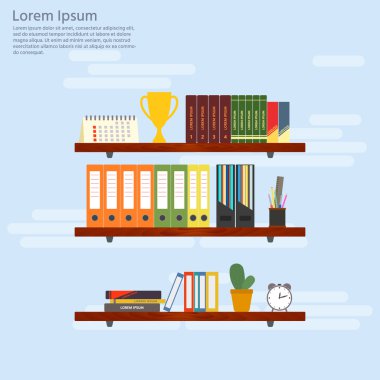Kitapları ve klasörleri olan tahta raflar. Daire içinde ofis tasarımı. Vektör illüstrasyonu. 