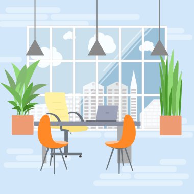 Ofis iç düz tasarım patron, megapolis penceresinde görüntüleyin. Düz iş kavramı vektör çizim.