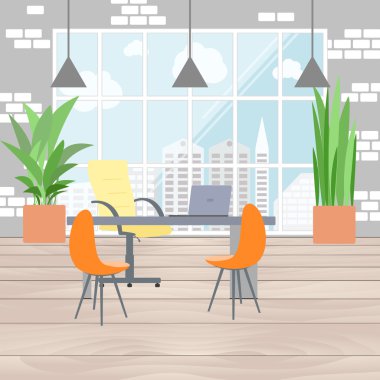 Ofis iç düz tasarım patron, megapolis penceresinde görüntüleyin. Düz iş kavramı vektör çizim.