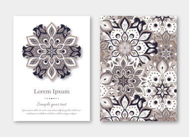 Ayarla kartları, el ilanı, broşür, şablonları ile çizilmiş mandala desen ver. Vintage oryantal tarzı. Hindistan, Asya, Arap, İslam, Osmanlı motif. Vektör çizim.