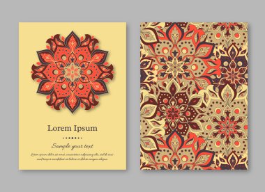 Ayarla kartları, el ilanı, broşür, şablonları ile çizilmiş mandala desen ver. Vintage oryantal tarzı. Hindistan, Asya, Arap, İslam, Osmanlı motif. Vektör çizim.