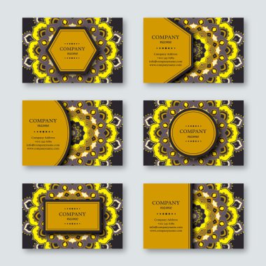 Süs kümesi el çekilmiş mandala kartları, iş, şablon ziyaret etti. Vintage dekoratif tarzı. Hindistan, Asya, Arap, İslam, Osmanlı motif. Vektör çizim. 