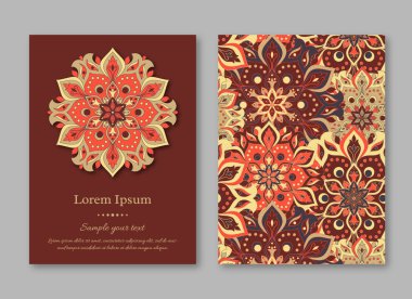 Ayarla kartları, el ilanı, broşür, şablonları ile çizilmiş mandala desen ver. Vintage oryantal tarzı. Hindistan, Asya, Arap, İslam, Osmanlı motif. Vektör çizim.