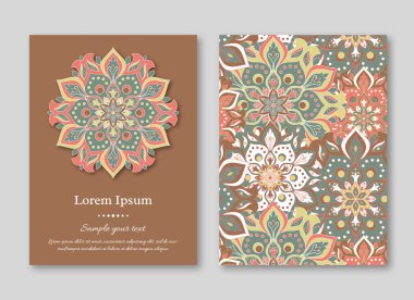 Ayarla kartları, el ilanı, broşür, şablonları ile çizilmiş mandala desen ver. Vintage oryantal tarzı. Hindistan, Asya, Arap, İslam, Osmanlı motif. Vektör çizim.